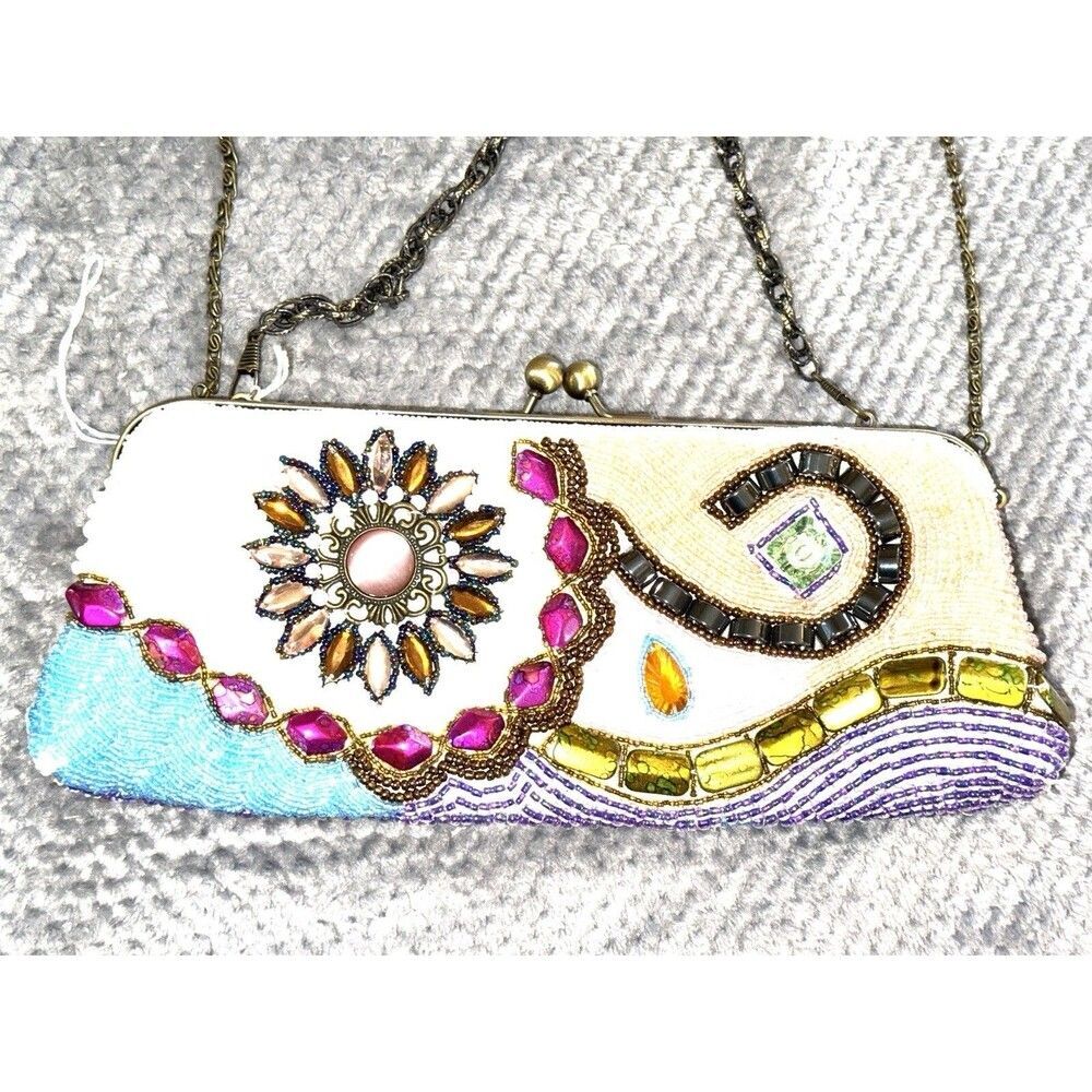 Multi Color Beaded Crossbody Bag clutch chain strap abstract